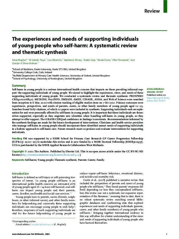 The experiences and needs of supporting individuals of young people who self-harm: A systematic review and thematic synthesis Thumbnail