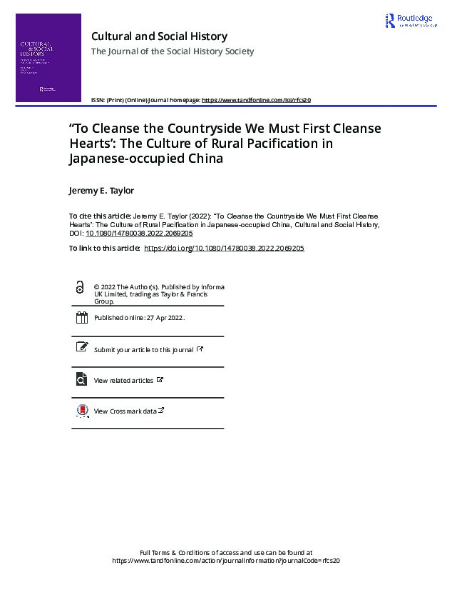 “To Cleanse the Countryside We Must First Cleanse Hearts’: The Culture of Rural Pacification in Japanese-occupied China Thumbnail