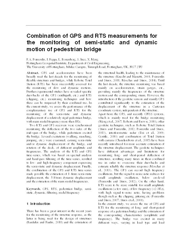 Combination of GPS and RTS measurements for the monitoring of semi-static and dynamic motion of pedestrian bridge Thumbnail