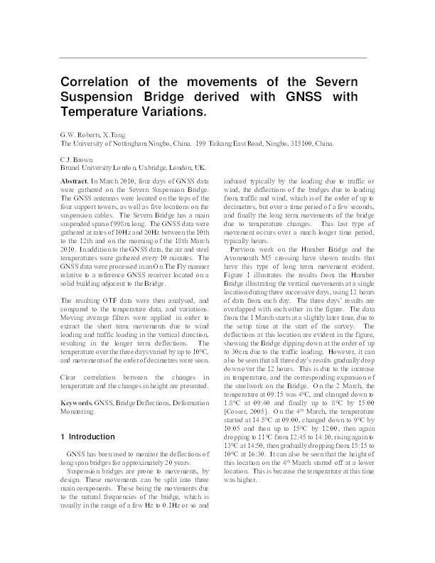 Correlation of the movements of the Severn Suspension Bridge derived with GNSS with temperature variations Thumbnail