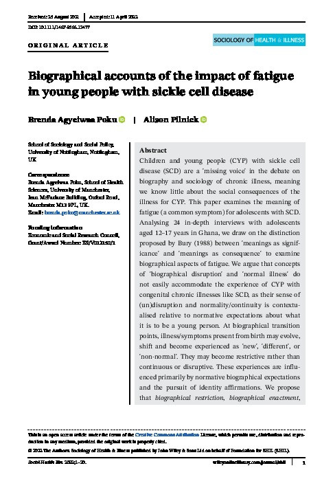 Biographical accounts of the impact of fatigue in young people with sickle cell disease Thumbnail