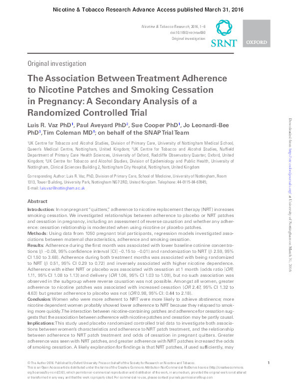 The association between treatment adherence to nicotine patches and smoking cessation in pregnancy: a secondary analysis of a randomised controlled trial Thumbnail