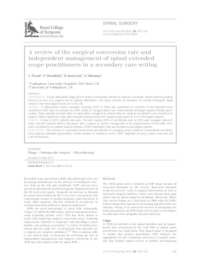 A review of the surgical conversion rate and independent management of spinal extended scope practitioners in a secondary care setting Thumbnail
