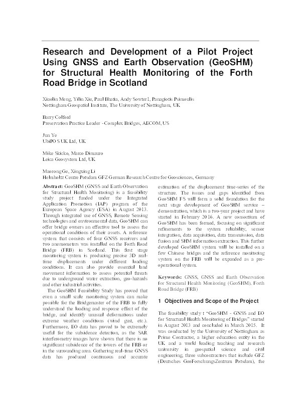 Research and development of a pilot project using GNSS and Earth observation (GeoSHM) for structural health monitoring of the Forth Road Bridge in Scotland Thumbnail