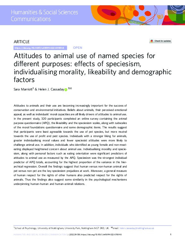 Attitudes to animal use of named species for different purposes: effects of speciesism, individualising morality, likeability and demographic factors Thumbnail