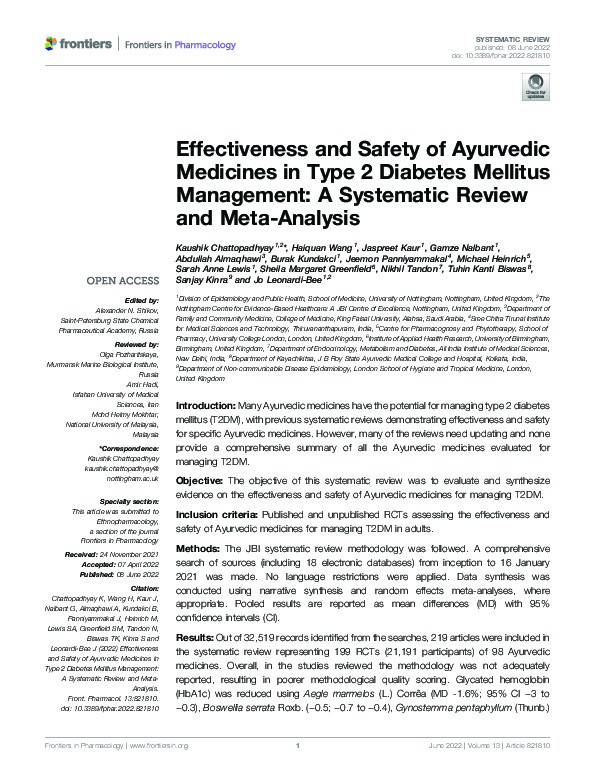 Effectiveness and Safety of Ayurvedic Medicines in Type 2 Diabetes Mellitus Management: A Systematic Review and Meta-Analysis Thumbnail