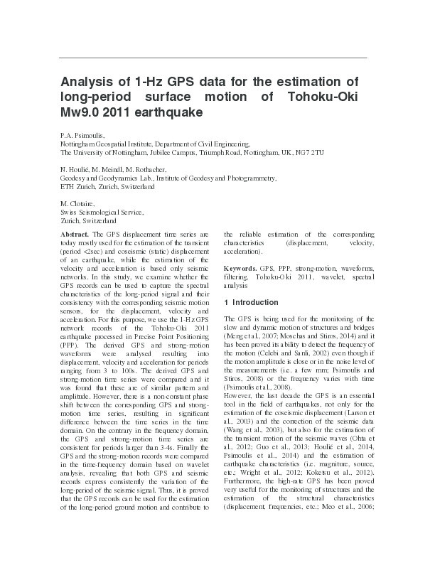 Analysis of 1-Hz GPS data for the estimation of long-period surface motion of Tohoku-Oki Mw9.0 2011 earthquake Thumbnail