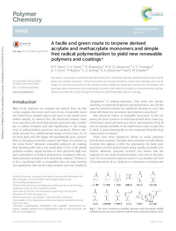 A facile and green route to terpene derived acrylate and methacrylate monomers and simple free radical polymerisation to yield new renewable polymers and coatings Thumbnail