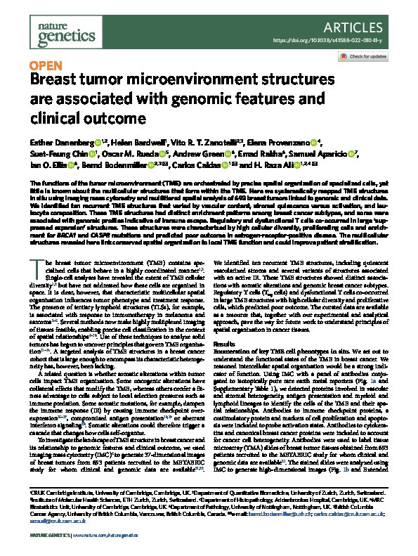 Breast tumor microenvironment structures are associated with genomic features and clinical outcome Thumbnail