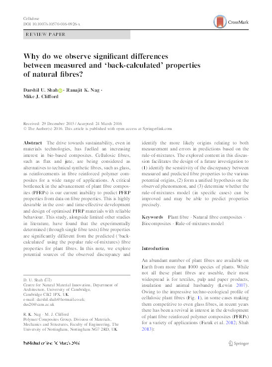 Why do we observe significant differences between measured and ‘back-calculated’ properties of natural fibres? Thumbnail