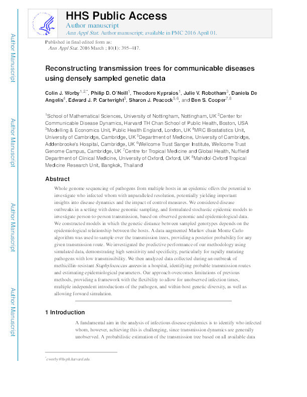 Reconstructing transmission trees for communicable diseases using densely sampled genetic data Thumbnail