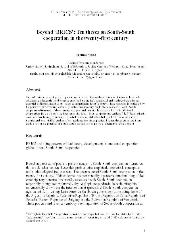 Beyond ‘BRICS’: ten theses on South–South cooperation in the twenty-first century Thumbnail