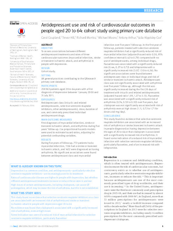 Antidepressant use and risk of cardiovascular outcomes in people aged 20 to 64: Cohort study using primary care database Thumbnail