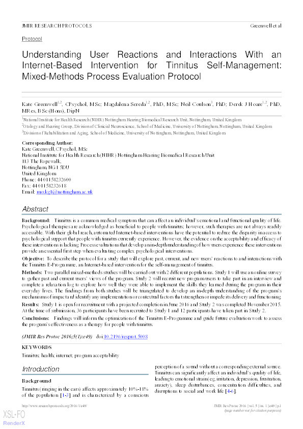 Understanding user reactions and interactions with an internet-based intervention for tinnitus self-management: mixed-methods process evaluation protocol Thumbnail
