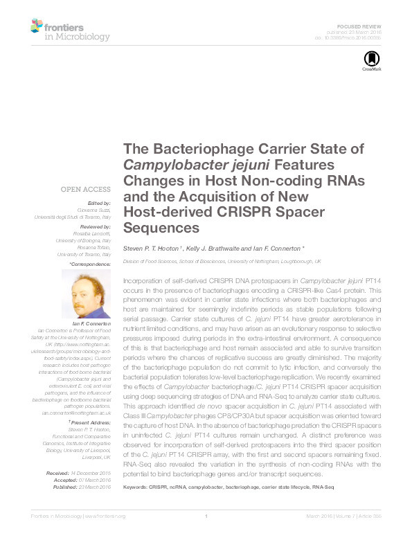 The bacteriophage carrier state of Campylobacter jejuni features changes in host non-coding RNAs and the acquisition of new host-derived CRISPR spacer sequences Thumbnail