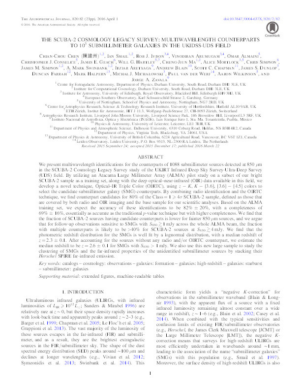 The SCUBA-2 Cosmology Legacy Survey: multiwavelength counterparts to 103 submillimeter galaxies in the UKIDSS-UDS field Thumbnail