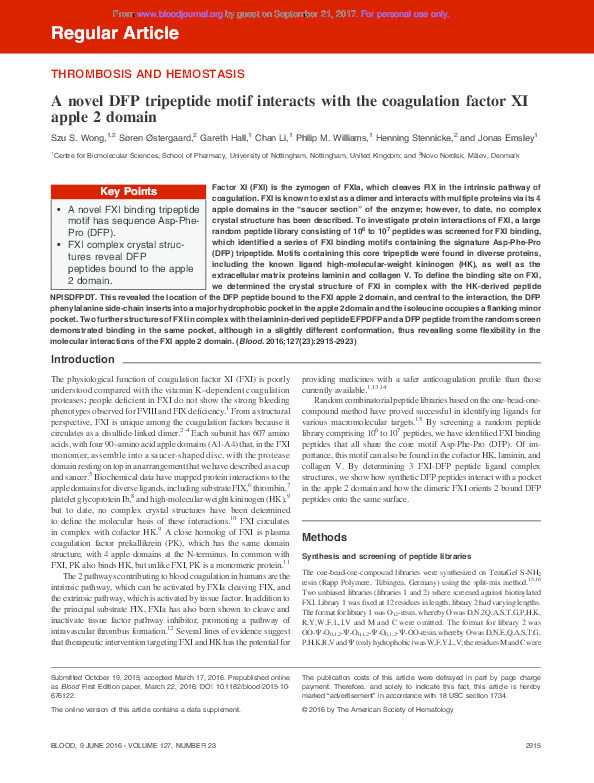 A novel DFP tripeptide motif interacts with the coagulation factor XI apple 2 domain Thumbnail