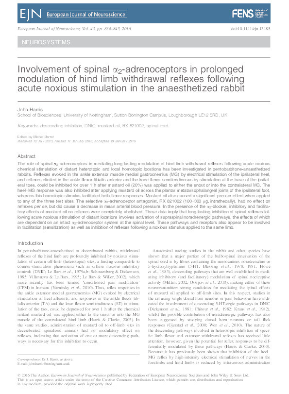 Involvement of spinal ??-adrenoceptors in prolonged modulation of hind limb withdrawal reflexes following acute noxious stimulation in the anaesthetized rabbit Thumbnail