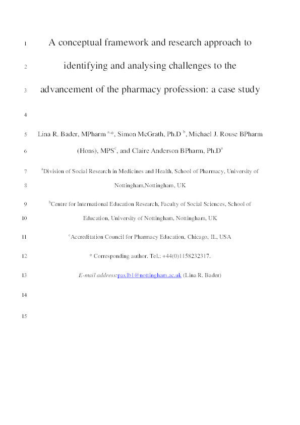 A conceptual framework toward identifying and analyzing challenges to the advancement of pharmacy Thumbnail