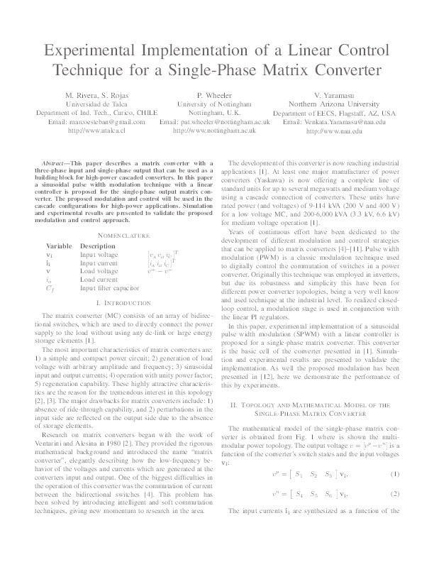 Experimental implementation of a linear control technique for a single-phase matrix converter Thumbnail
