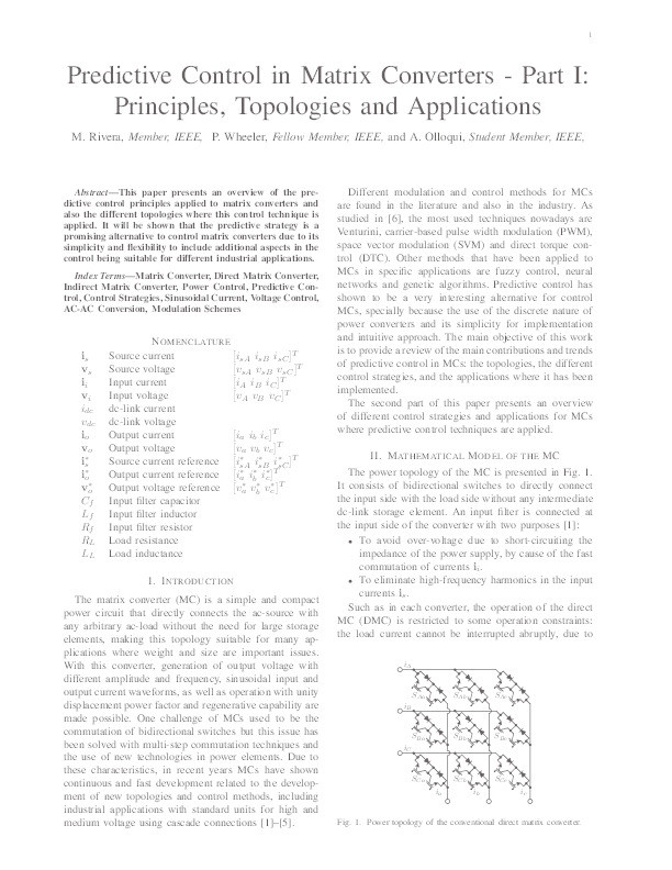 Predictive control in matrix converters. Part I, Principles, topologies and applications Thumbnail