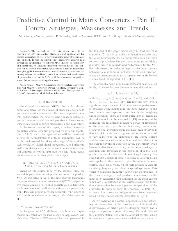 Predictive control in matrix converters. Part II, Control strategies, weaknesses and trends Thumbnail