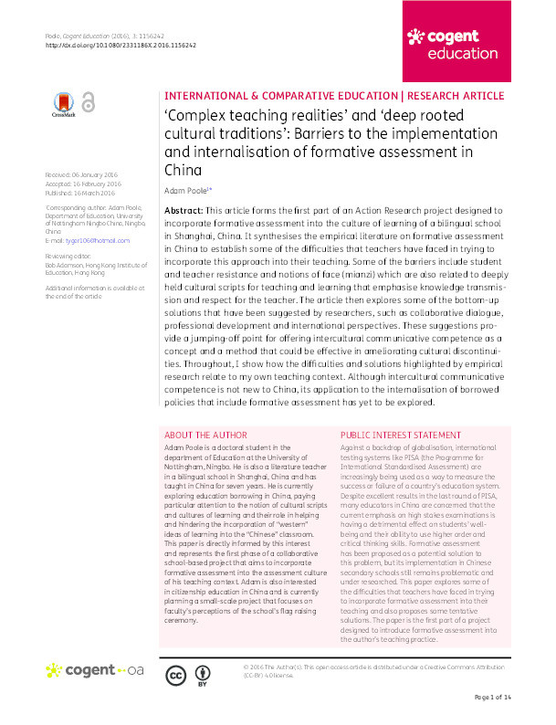 ‘Complex teaching realities’ and ‘deep rooted cultural traditions’: Barriers to the implementation and internalisation of formative assessment in China Thumbnail