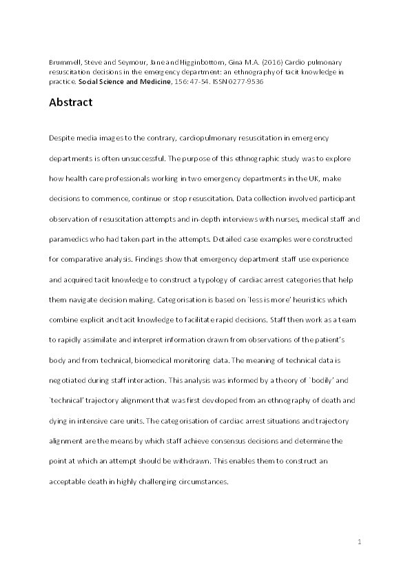 Cardio pulmonary resuscitation decisions in the emergency department: an ethnography of tacit knowledge in practice Thumbnail