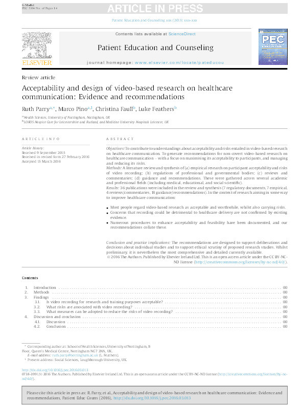 Acceptability and design of video-based research on healthcare communication: evidence and recommendations Thumbnail