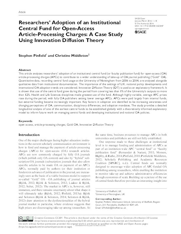 Researchers’ adoption of an institutional central fund for open-access article-processing charges: a case study using innovation diffusion theory Thumbnail