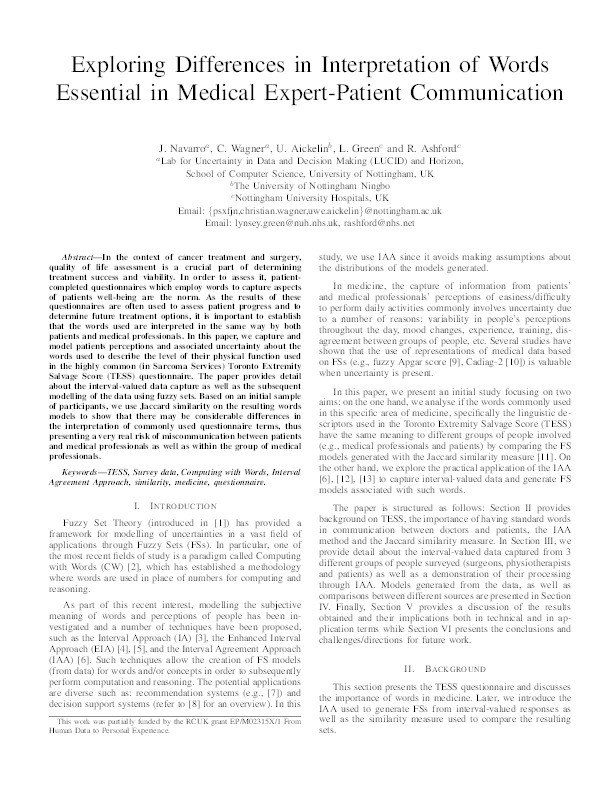 Exploring differences in interpretation of words essential in medical expert-patient communication Thumbnail