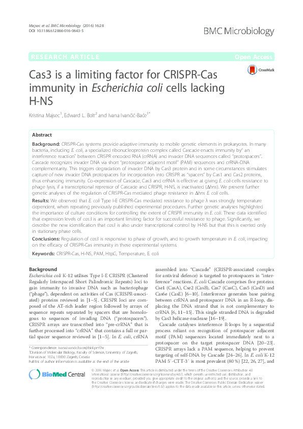 Cas3 is a limiting factor for CRISPR-Cas immunity in Escherichia coli cells lacking H-NS Thumbnail