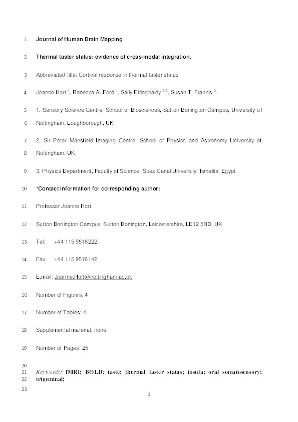 Thermal taster status: evidence of cross-modal integration Thumbnail
