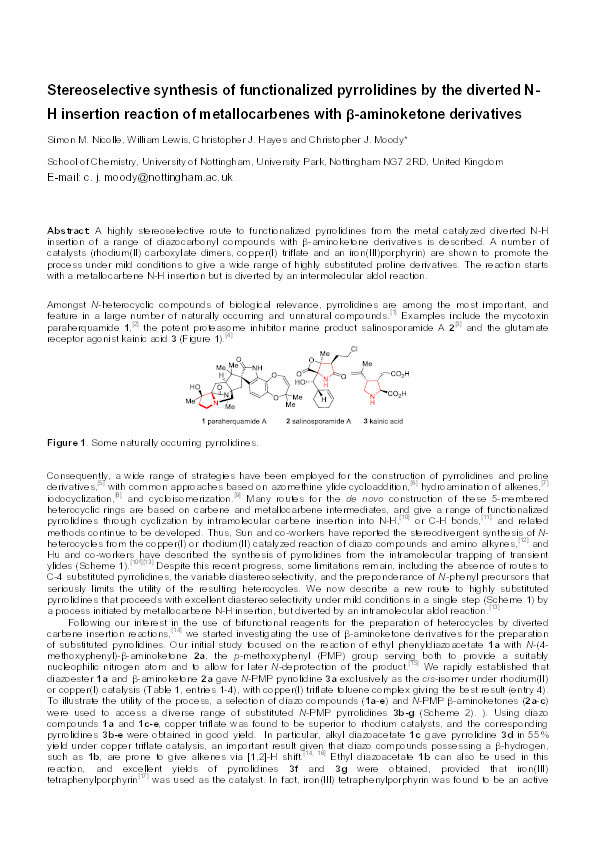 Stereoselective Synthesis of Functionalized Pyrrolidines by the Diverted N−H Insertion Reaction of Metallocarbenes with β-Aminoketone Derivatives Thumbnail