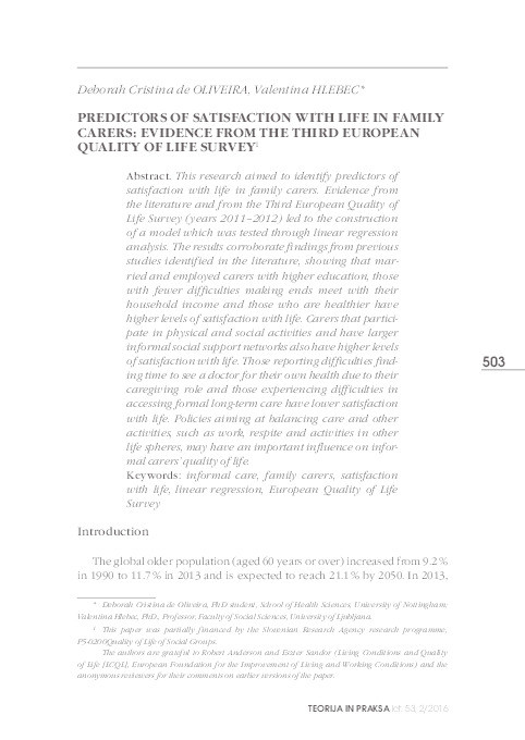 Predictors of satisfaction with life in family carers: evidence from the third European quality of life survey Thumbnail