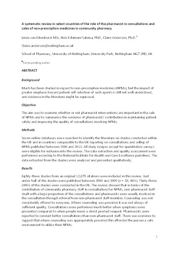 A systematic review in select countries of the role of the pharmacist in consultations and sales of non-prescription medicines in community pharmacy Thumbnail