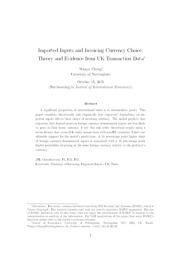 Imported inputs and invoicing currency choice: theory and evidence from UK transaction data Thumbnail