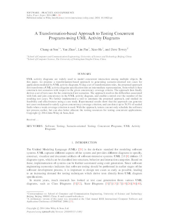 A transformation-based approach to testing concurrent programs using UML activity diagrams Thumbnail