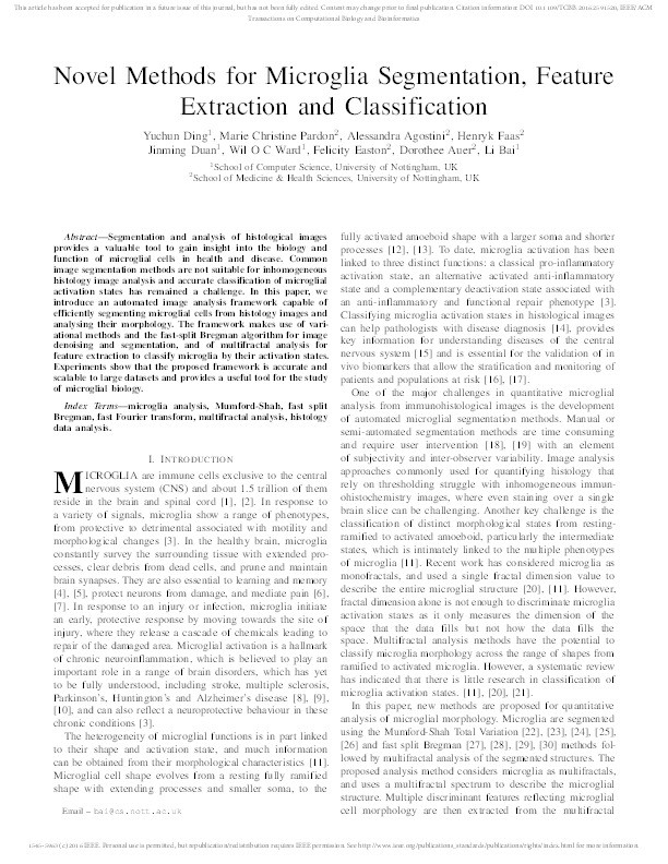 Novel Methods for Microglia Segmentation, Feature Extraction, and Classification Thumbnail