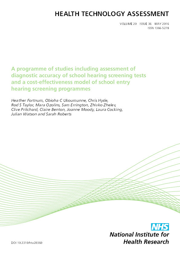 A programme of studies including assessment of diagnostic accuracy of school hearing screening tests and a cost-effectiveness model of school entry hearing screening programmes Thumbnail