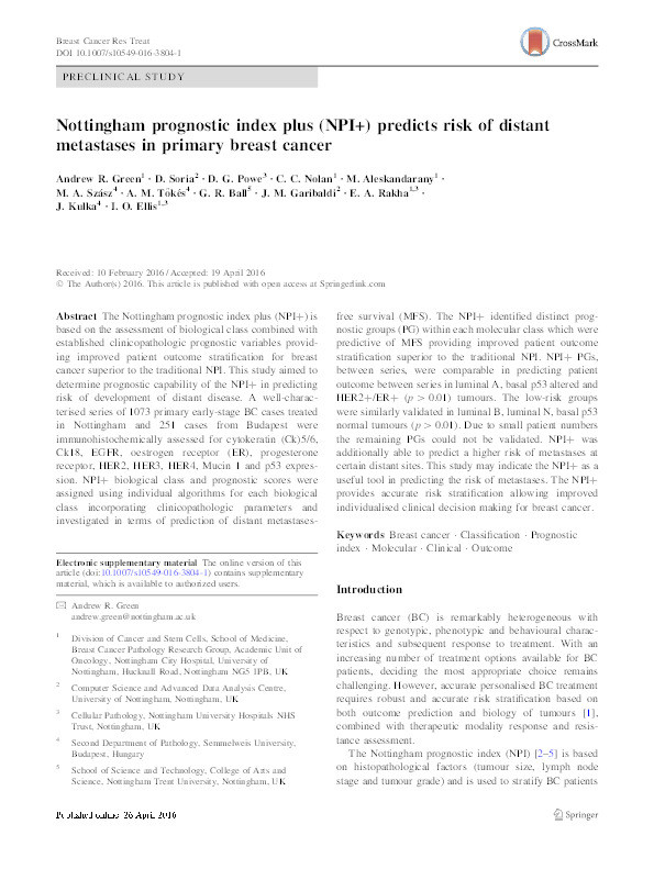 Nottingham prognostic index plus (NPI+) predicts risk of distant metastases in primary breast cancer Thumbnail