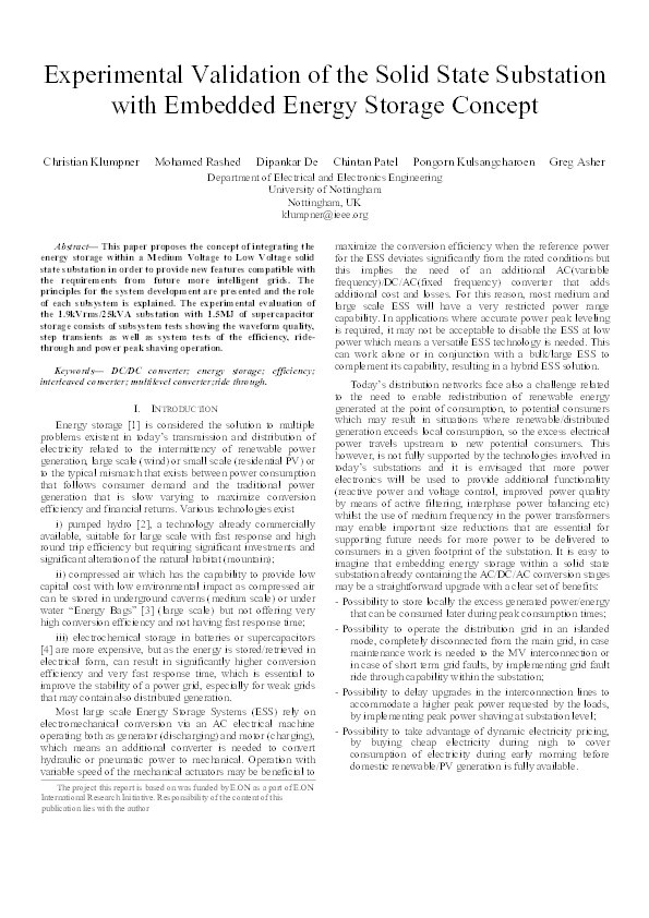 Experimental validation of the solid state substation with embedded energy storage concept Thumbnail