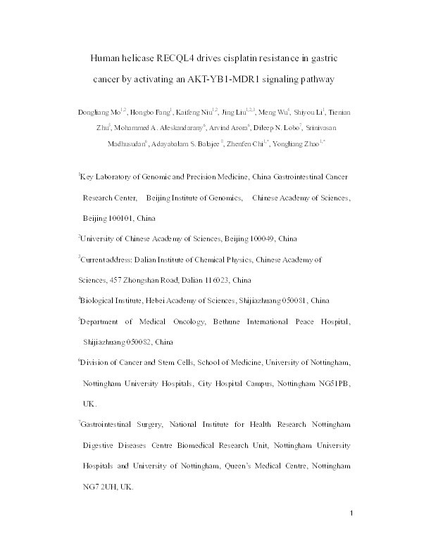 Human helicase RECQL4 drives cisplatin resistance in gastric cancer by activating an AKT-YB1-MDR1 signaling pathway Thumbnail