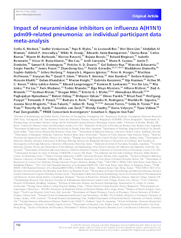 Impact of neuraminidase inhibitors on influenza A(H1N1)pdm09-related pneumonia: an individual participant data meta-analysis Thumbnail