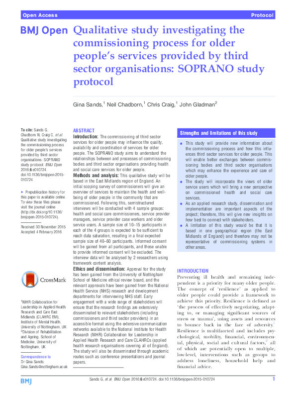 Qualitative study investigating the commissioning process for older people's services provided by third sector organisations: SOPRANO study protocol Thumbnail