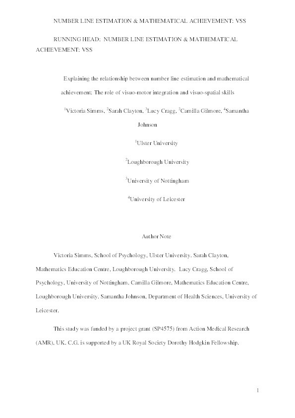 Explaining the relationship between number line estimation and mathematical achievement: the role of visuomotor integration and visuospatial skills Thumbnail