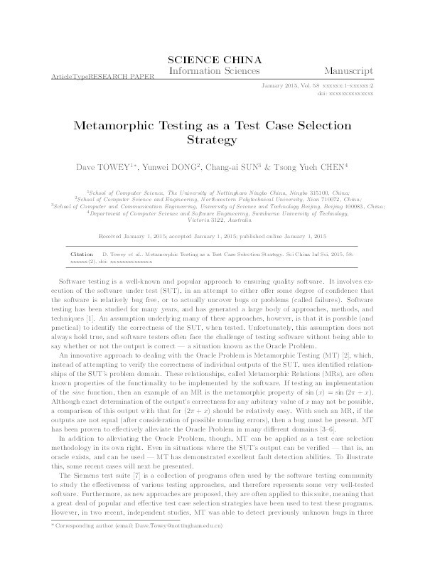 Metamorphic testing as a test case selection strategy Thumbnail