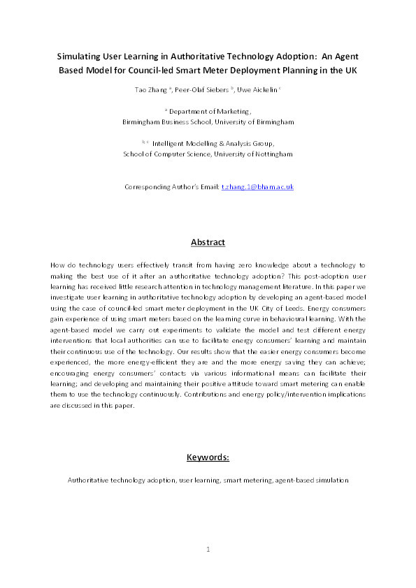 Simulating user learning in authoritative technology adoption: an agent based model for council-led smart meter deployment planning in the UK Thumbnail