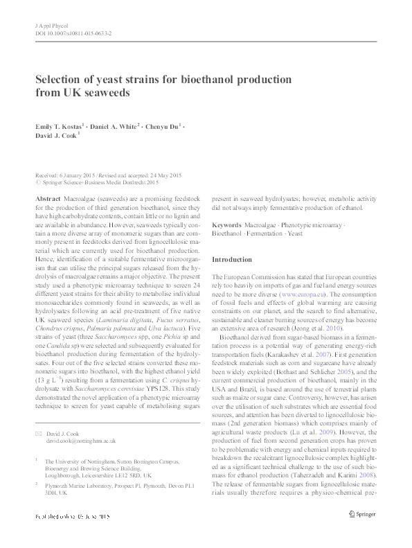 Selection of yeast strains for bioethanol production from UK seaweeds Thumbnail
