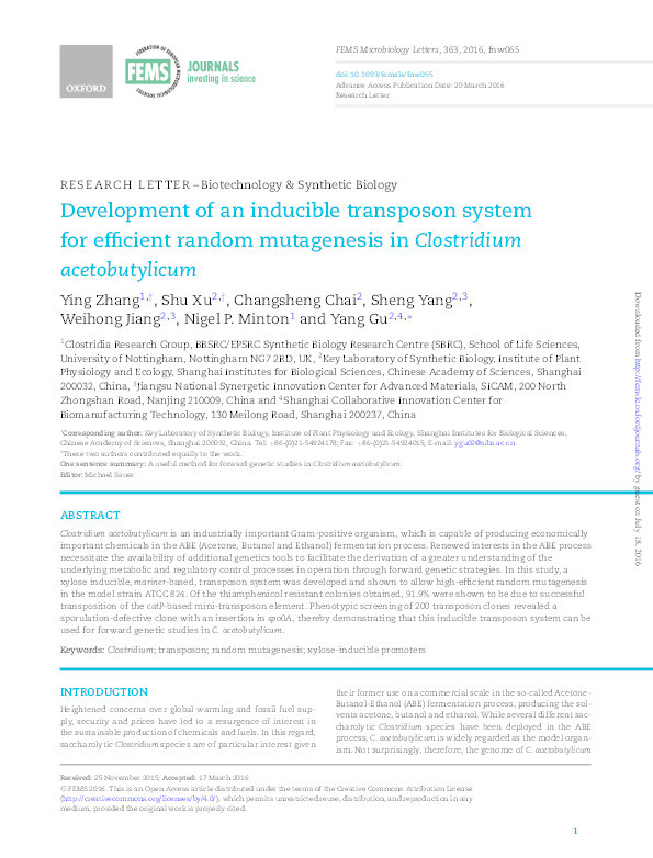 Development of an inducible transposon system for efficient random mutagenesis in Clostridium acetobutylicum Thumbnail